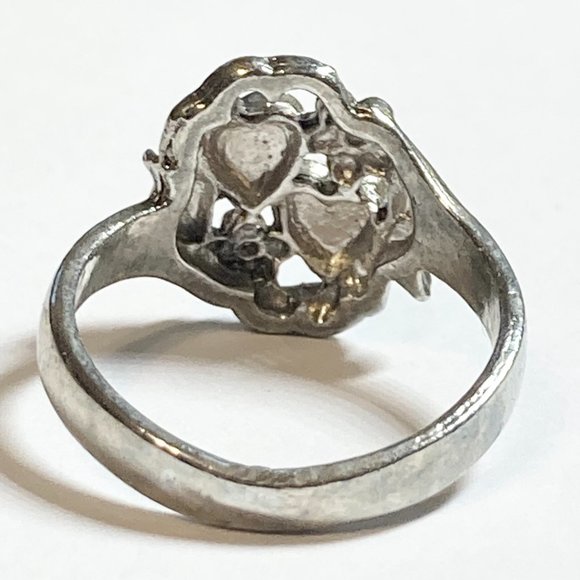 Vintage Heart Ring Size 9 Two Hearts Silver Tone Leaves Flowers Chinese Letter - Picture 5 of 7